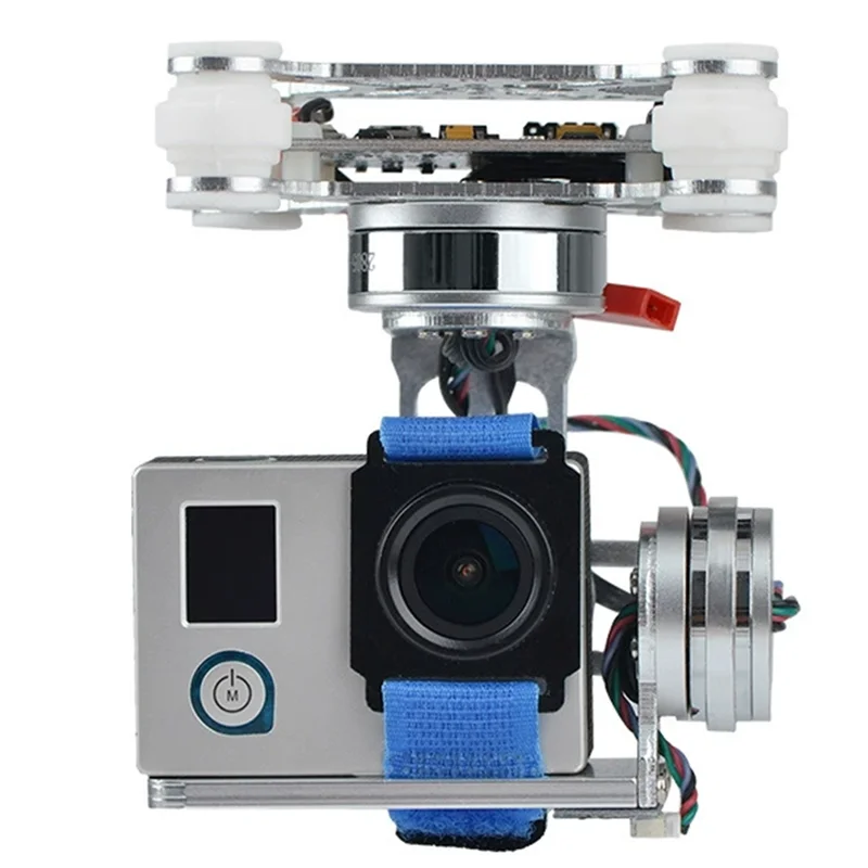Cardan 3 axes sans balais pour caméra sport fixé sur un drone FPV, prêt à stabiliser une GoPro en vol.