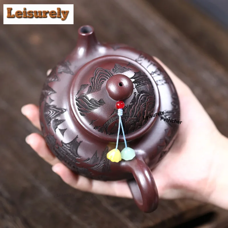300ml Yixing Purple Clay Teapots Famous Artists Handmade Carved Pot Raw Ore Antique Brass Mud Tea Maker Kettle Zisha Tea Set