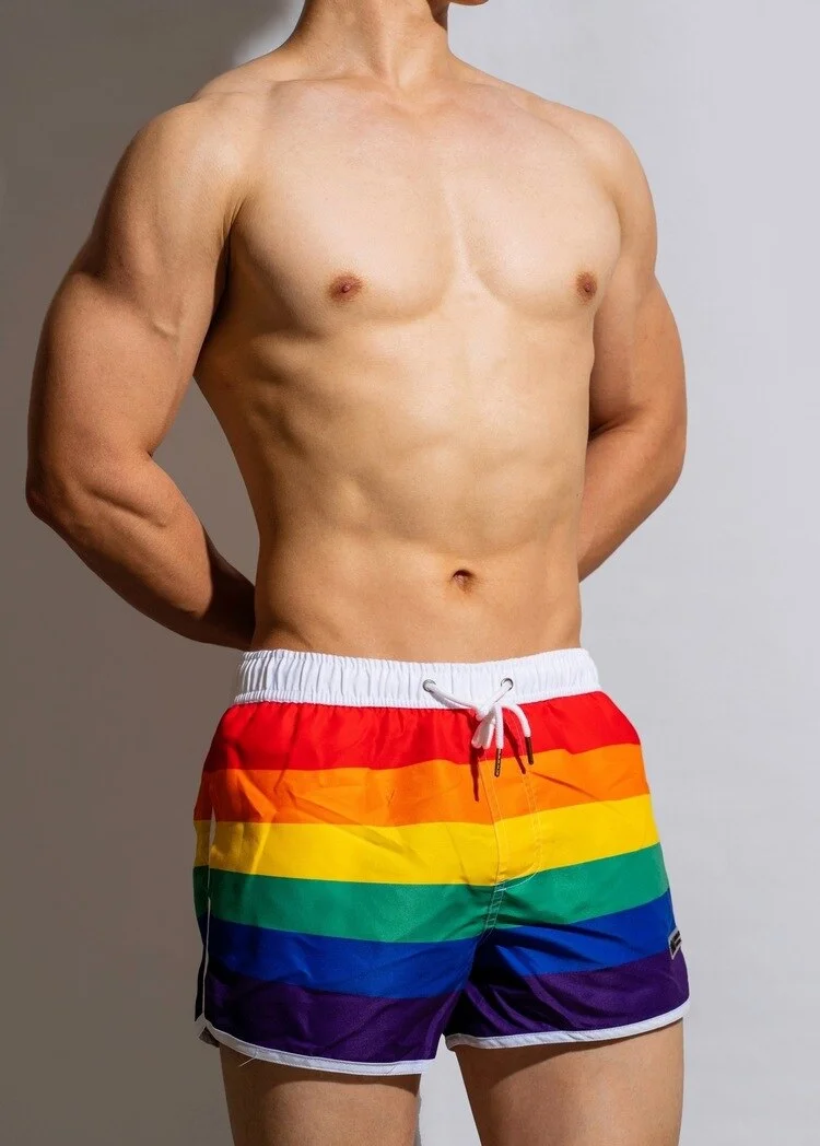Men's Home Pants Low Waist Fashion Rainbow Color Shorts Flat Pants Loose Polyester Striped Beach