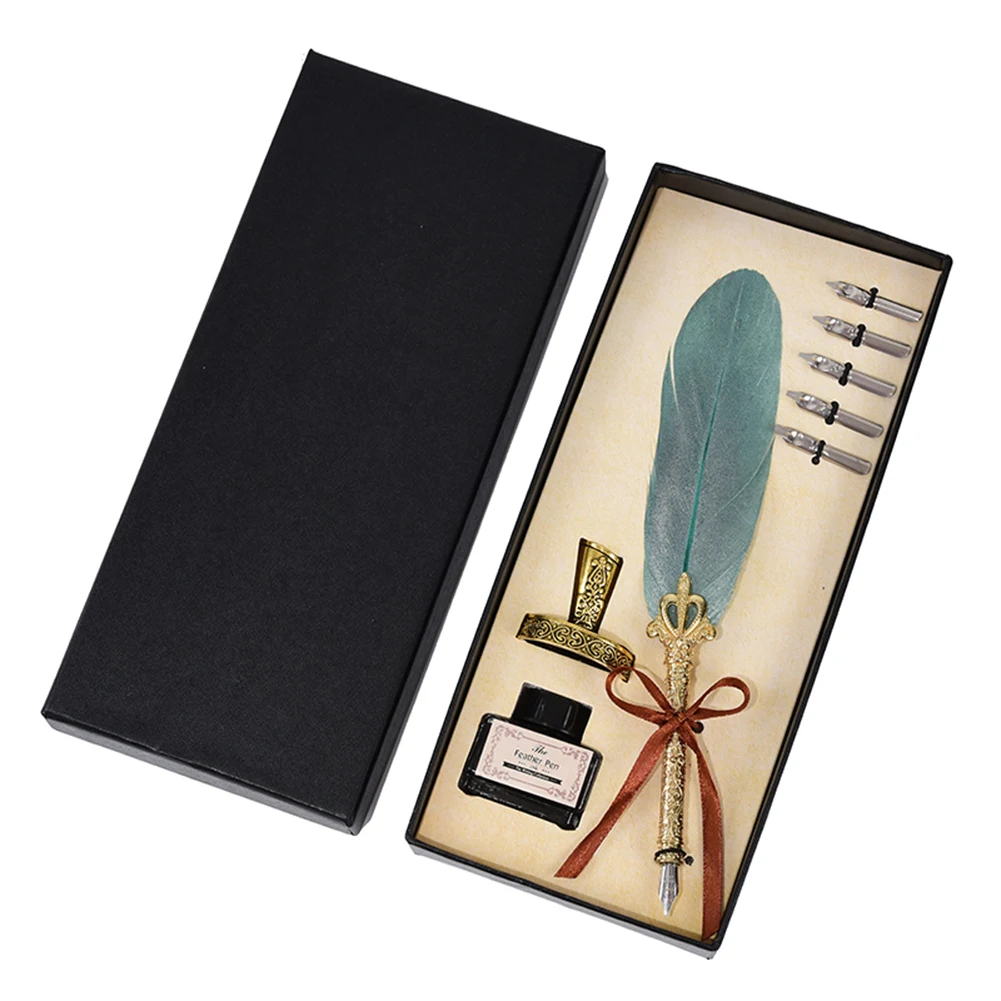 Vintage Calligraphy Feather Dip Pen Set with Ink - Creative Retro Writing Stationery