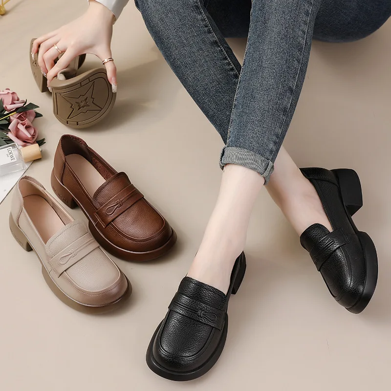 

First-Layer Cowhide Spring Women Leather Shoes, Mid-Heel Platform Thick-Soled Genuine Leather Loafers Women Shoes Mother Pumps