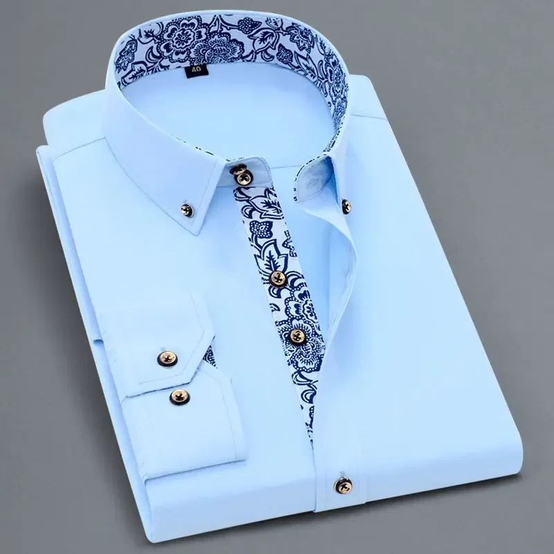 High Quality Men's Shirts with Retro Blue and White Porcelain Collar Long-sleeved Slim Fit Dress Shirts Business Casual Style