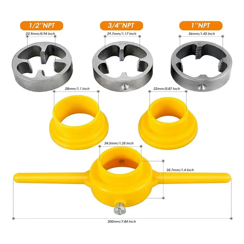 6피스 PVC 나사산 제작 도구, 1/2인치, 3/4인치, 1인치 다이가 있는 PVC 노란색 원형 다이, 재사용 가능한 PVC 파이프 나사산기, 배관용