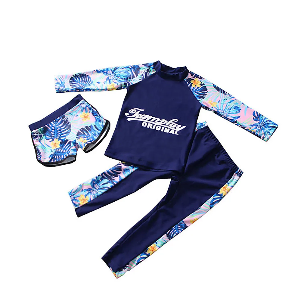 Plus Size Girl Three Pieces Suit Children Long Sleeve Cartoon Swimsuit Kid Letter Print Swimwear Baby Bathing Suit