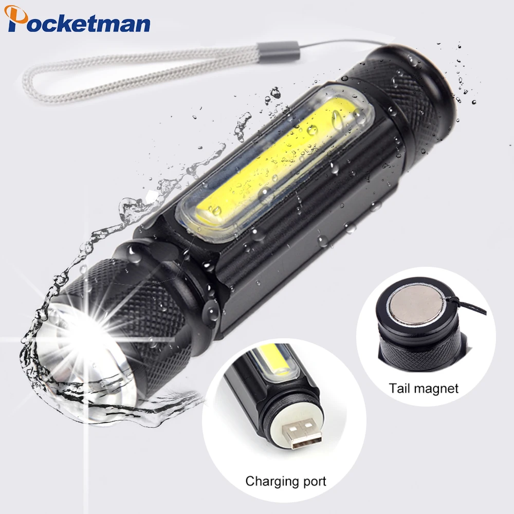 

Adsorption with magnet Built-in Battery LED Flashlight USB Rechargeable T6 Torch Side COB Light Linterna Tail Magnet Work Lamp
