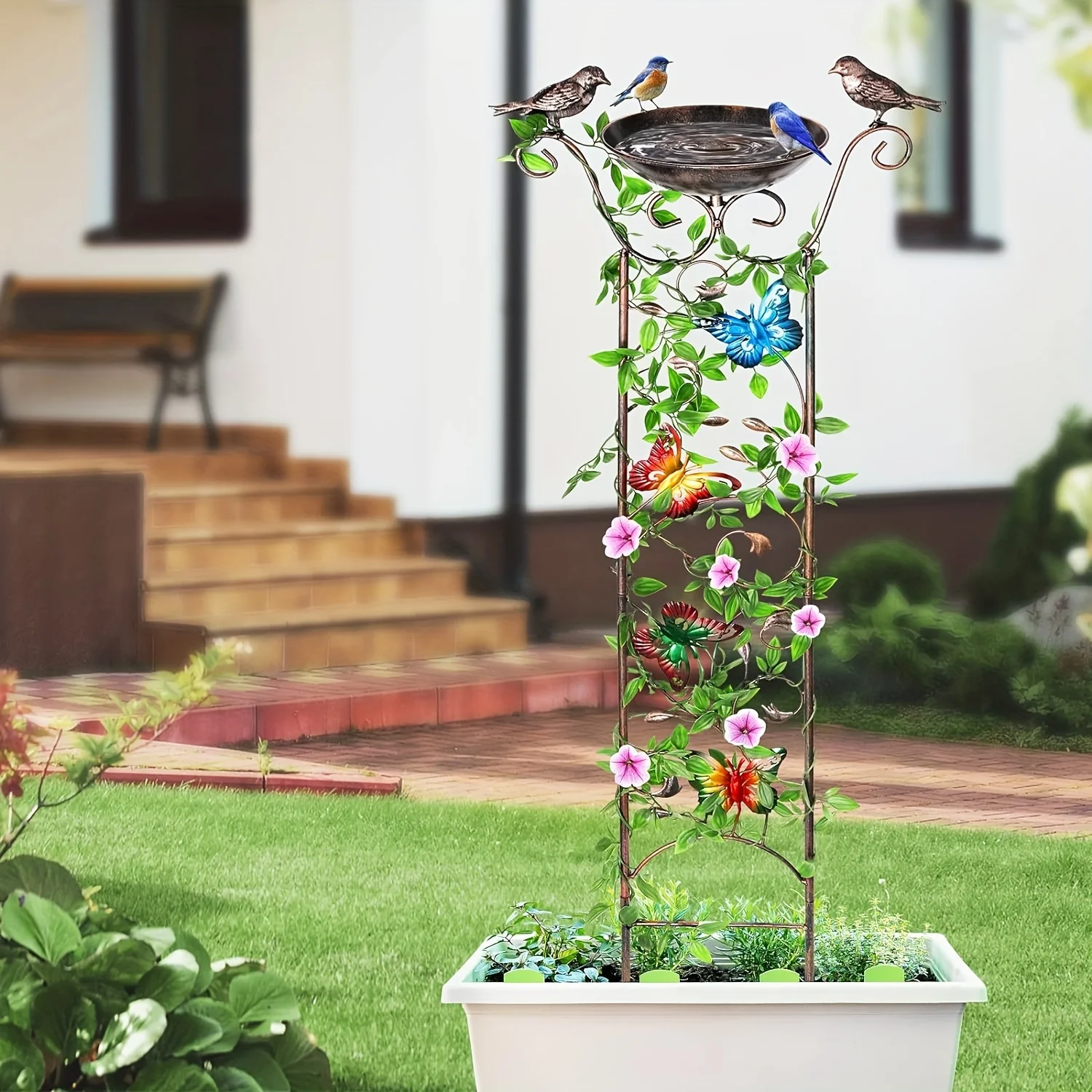 40in Bird Bath for Climbing Plants Outdoor with Garden Trellis with Decorative Butterflies Free Standing Detachable