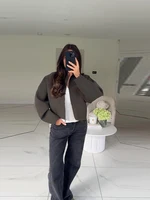 Vintage Stand Collar Women's Cropped Jacket Zipper Loose Full Sleeve Thick Warm Coat 2025 Autumn Winter Lady New in Outwear - Image 6