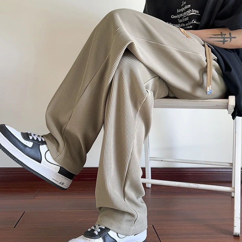 Summer Pleated Pants Men Fashion Casual Ice Silk Pants Men Streetwear Hip-hop Loose Straight Wide Leg Pants Mens Trousers M-3XL