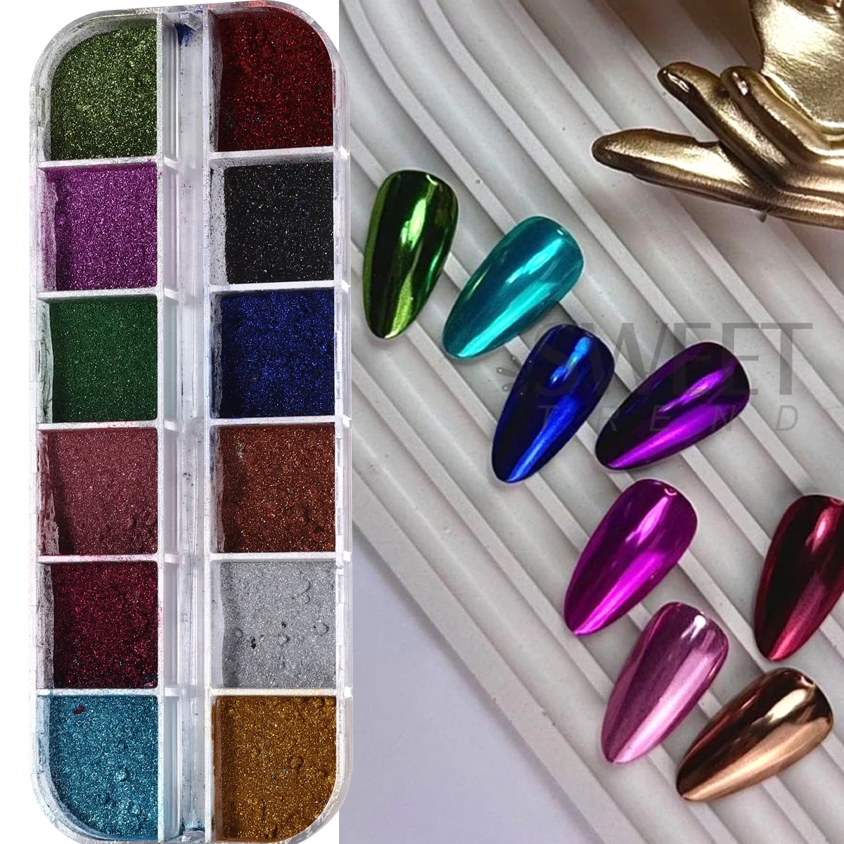 2 Box Classic Mirror Glitter Nail Powder With Double Head Rubbing Pen Gold Silver Red DIY Charm Pigment 24 Colors Manicure Flash