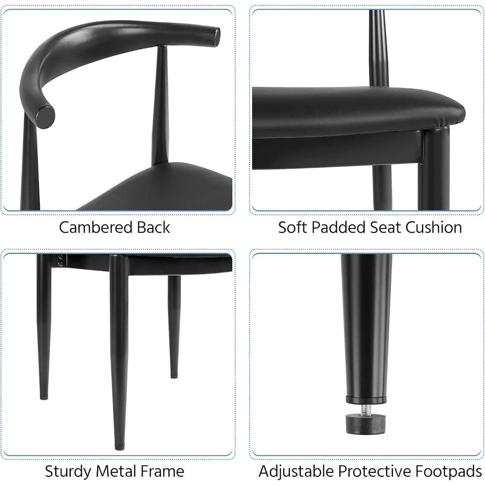Mid Century Dining Chairs Armless with Backrest Modern Kitchen Chairs Metal Legs Fabric Leather Seat Set of , Black 4