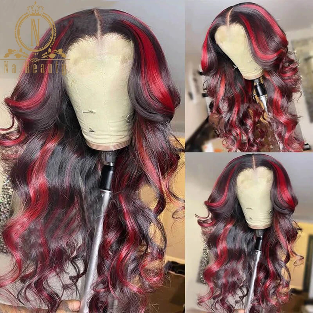180 Density 13x4 Lace Front Human Hair Wigs Brazilian Body Wave Black  Highlight 99j Burgundy Red Color Front Wig Nabeauty - Lace Wigs - AliExpress