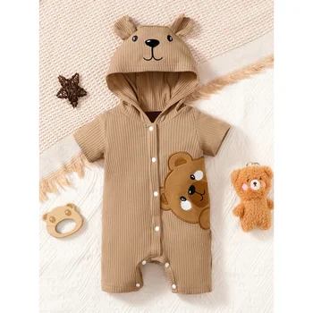 0-9 mesi neonato ragazza a costine marrone manica corta stampa orso pagliaccetto con cappuccio moda bella tuta fotografia outfit 1