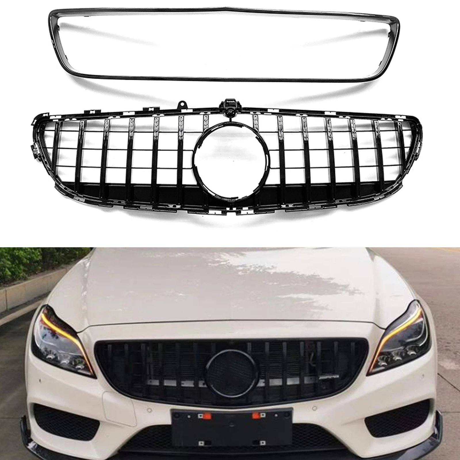 

Front Grill Grille w/ Frame Cover Upper Bumper Hood Mesh Grid GT For Mercedes Benz CLS Class W218 2015-2018 Advance Version