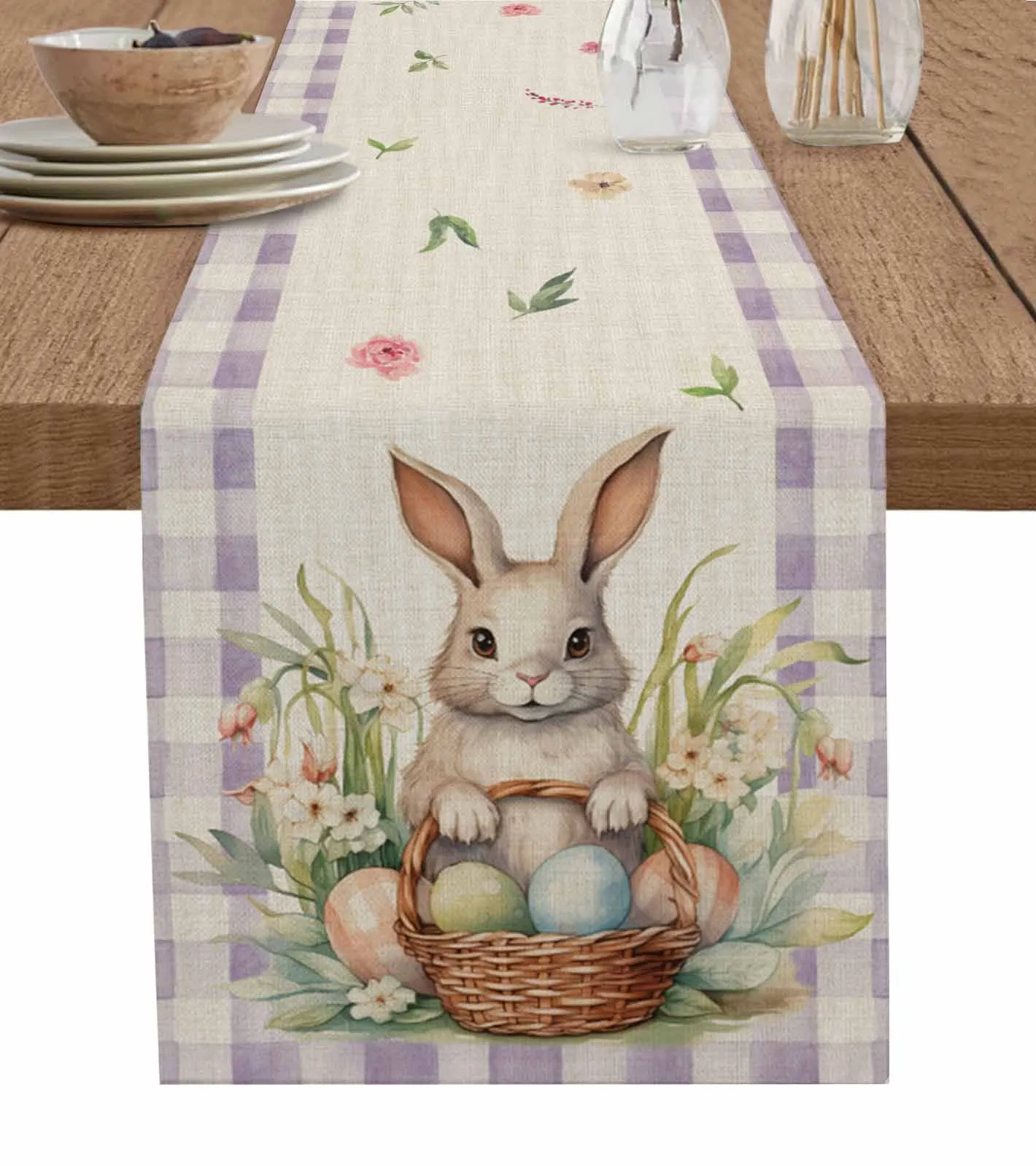 

Easter Rabbit Watercolor Floral Plaid Pattern Table Runner Decoration Home Decor Dinner Table Decoration Table Decor