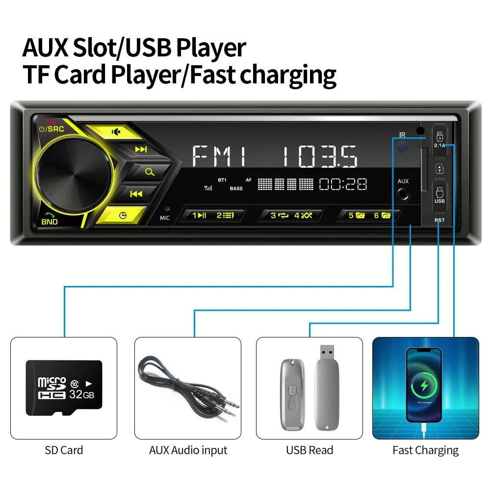 Grandnavi 1Din MP3 Car Radio Audio Stereo FM Aux Input Receiver SD/USB 12V With In-dash Bluetooth Multimedia Auto Radio Player
