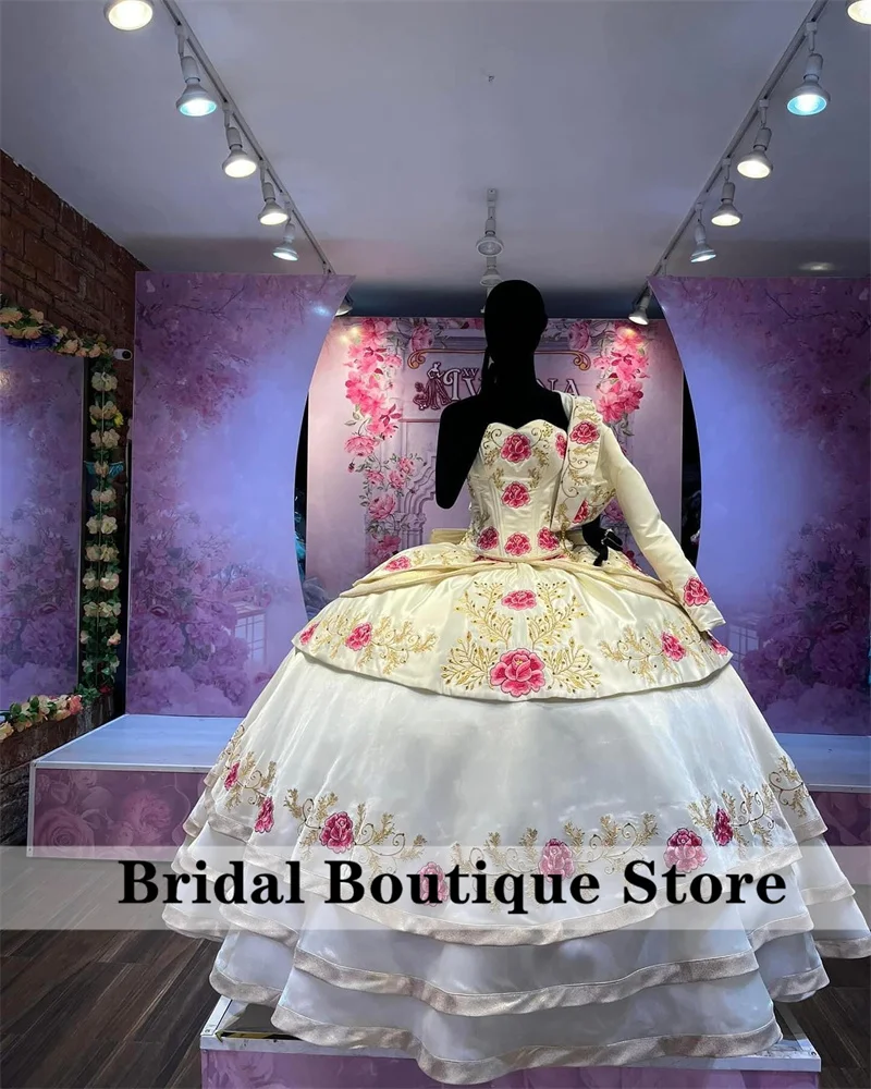 

Мексиканская вышивка белые платья принцессы Quinceanera с курткой бальное платье с бантом кристаллами бусины милое 15-е Платье На Шнуровке Для выпускного вечера