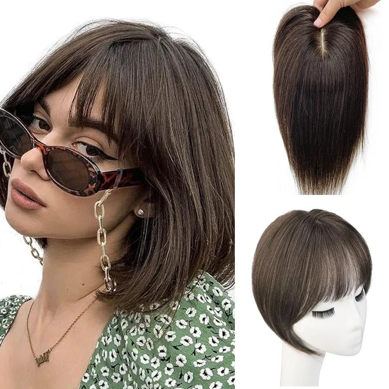 25cm 100% Human Hair 7X10cm Hairnet with Bangs Toupee Straight Clip in Hair Extension Improve Volume Topper Women Pieces