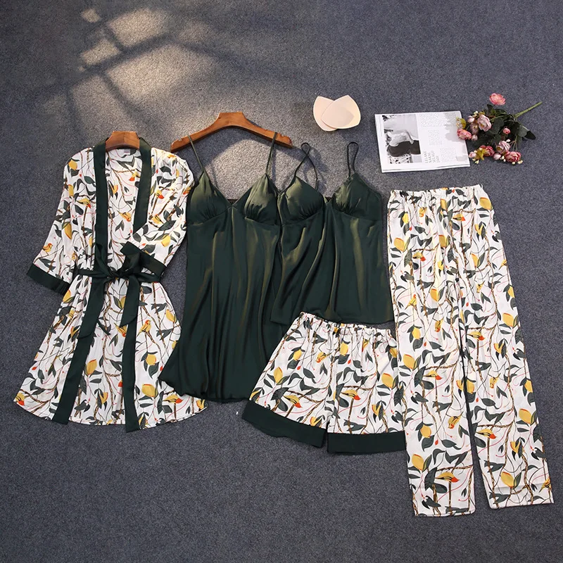 2024 New Top Women's Pajamas with Chest Pads, Printed Front Silk Thin Five Piece Set Home Clothing, Pajama Set Five Piece Set