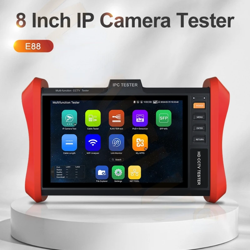 

Тестер для IP-камеры видеонаблюдения E88/E89, 8 дюймов, POE ++, 90 Вт, SFP, 4K, IP, H.265, RJ45, тестер кабеля Netork, 5200 мАч, батарея 24 В постоянного тока, 2 А, выход мощности