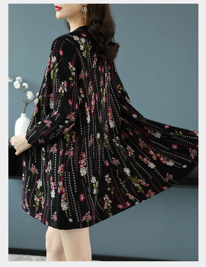 feminino longo cardigan outono primavera floral impressão de malha blusas topo coreano moda decote em macio cardigans feminino