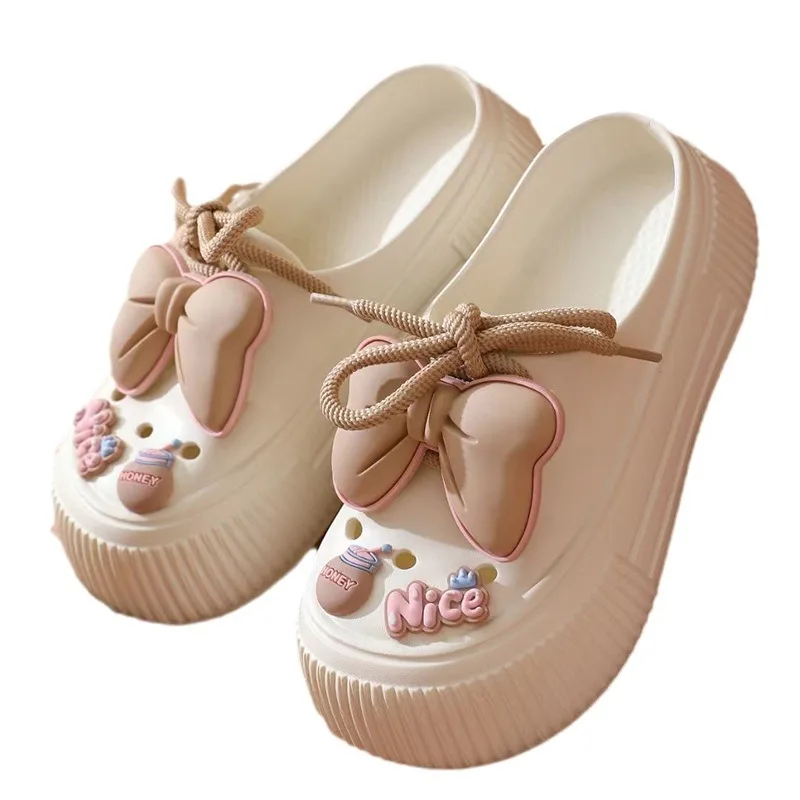 New Summer Women's Hole Shoes Cute Bow Thick Sole Anti Slip Resistant Women's Baotou Slippers for Home Outdoor Garden Shoes