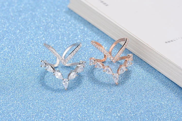 925 Sterling Silver Irregular Double Layer Zirconia Ring For Women Resizable
