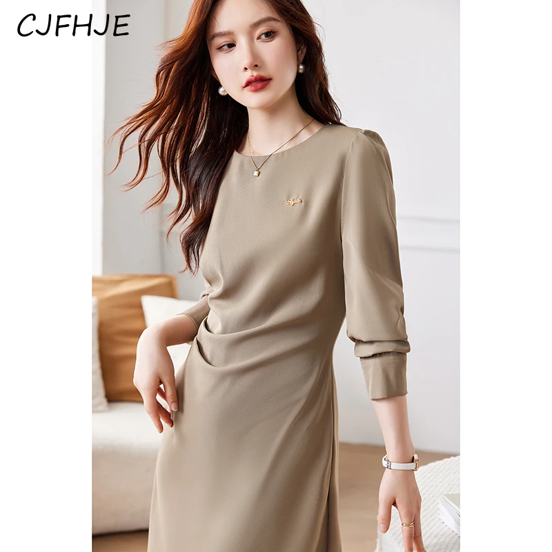 

CJFHJE Fashion Women's Versatile Bubble Sleeve Dress Korean Classic Commuting Simplicity Spring Women Long Sleeve Pleated Dress