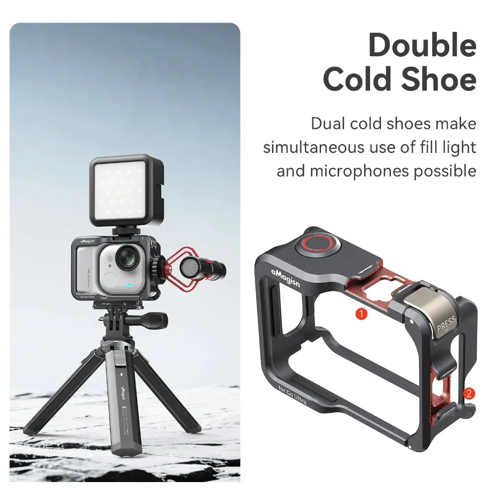 Insta360 Go Ultra용 aMagisn 메탈 카메라 케이지, Go Ultra 액세서리용 콜드 슈 인터페이스가 있는 수평 및 수직 프레임
