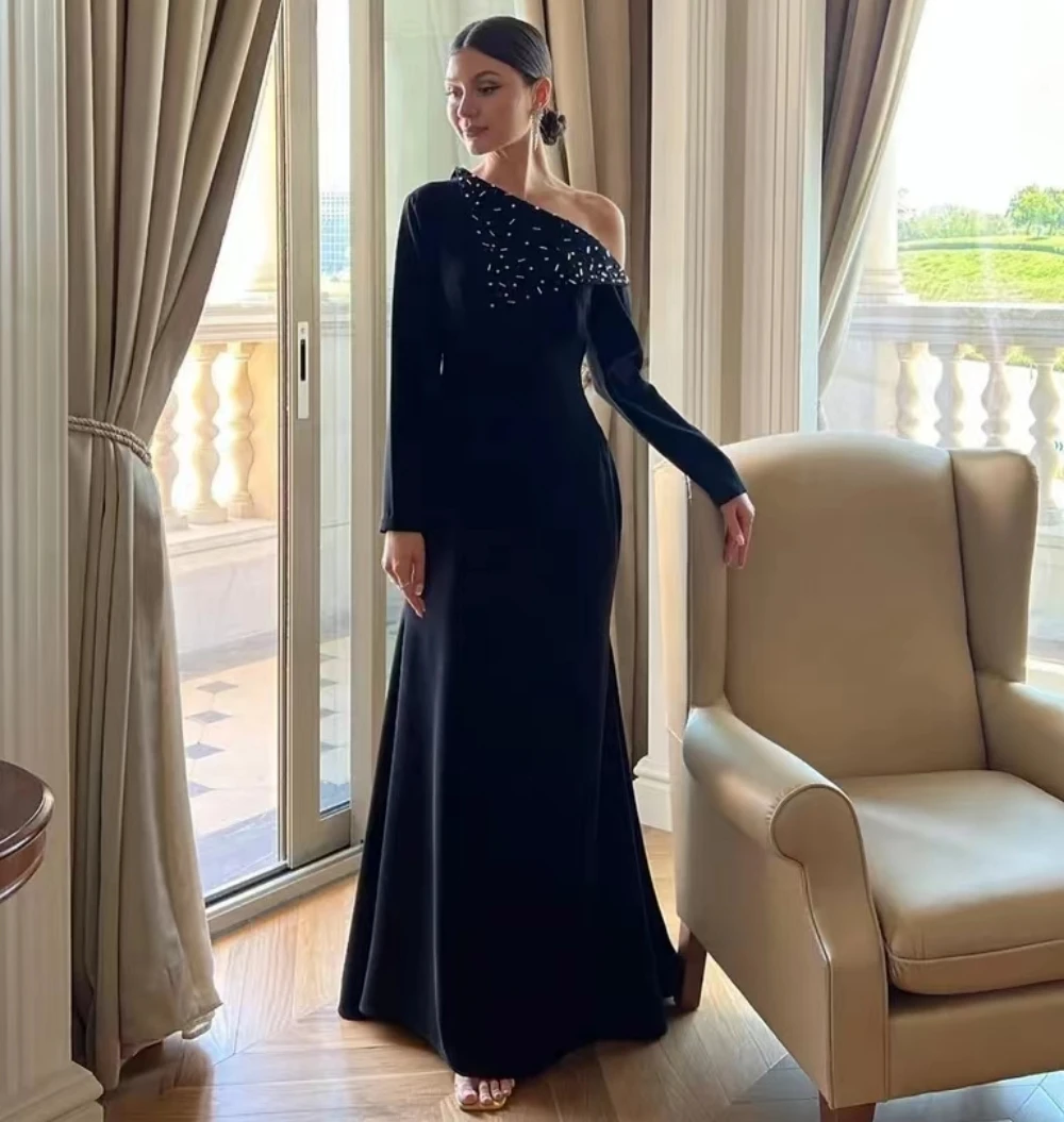 

AGLEA 2023 New Style Neckline Beaded Evening Dresses Long Sleeves Dubai Women Wear Prom Party Zipper Back Vestidos De Noche