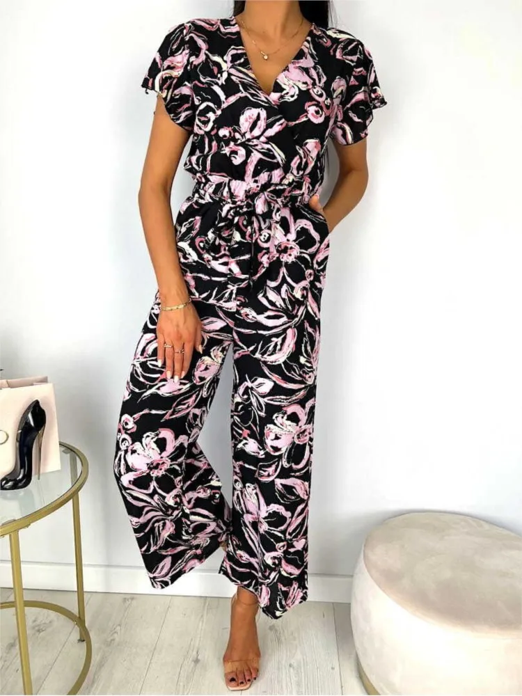 2024 Summer V Neck Sleeveless Jumpsuit Women Ruffles Print Jumpsuit Clubwear Fashion Casual Lace Up Female Elegant Romper