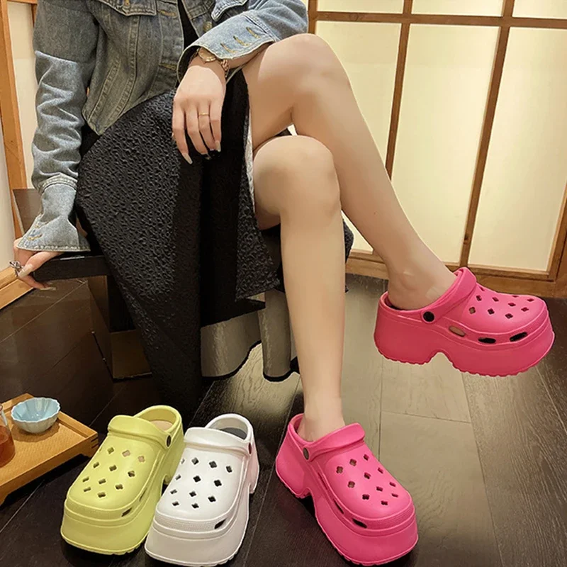 9CM Thick Sole Slippers 2024 Summer Women's Hole Shoes Outdoor Wear High Heels Sandals Fashionable Solid Colors EVA Garden Shoes 5