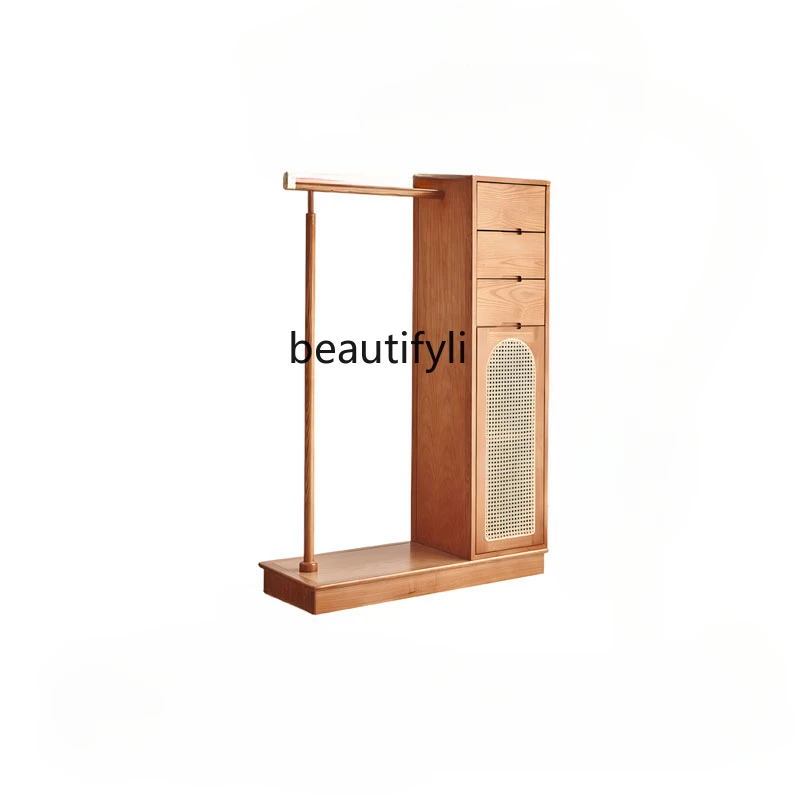 

Japanese-Style Solid Wood Coat and Hat Rack Cabinet Household Multi-Functional Rattan Floor Retro Storage Cabinet