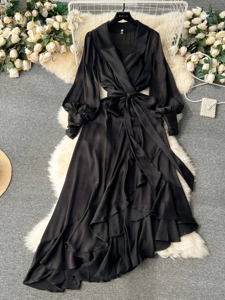 Summer Long Satin Wrap Dress Olive Wrap Satin Shirt Midi Dress