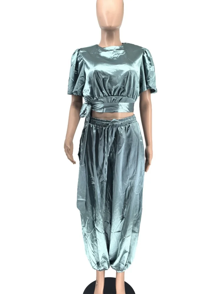 Wmstar Two Piece Outfits  Women Wholesale Solid Casual Top and Bandage Pants Sets Wide Leg Elegant Matching Suit New in Summer