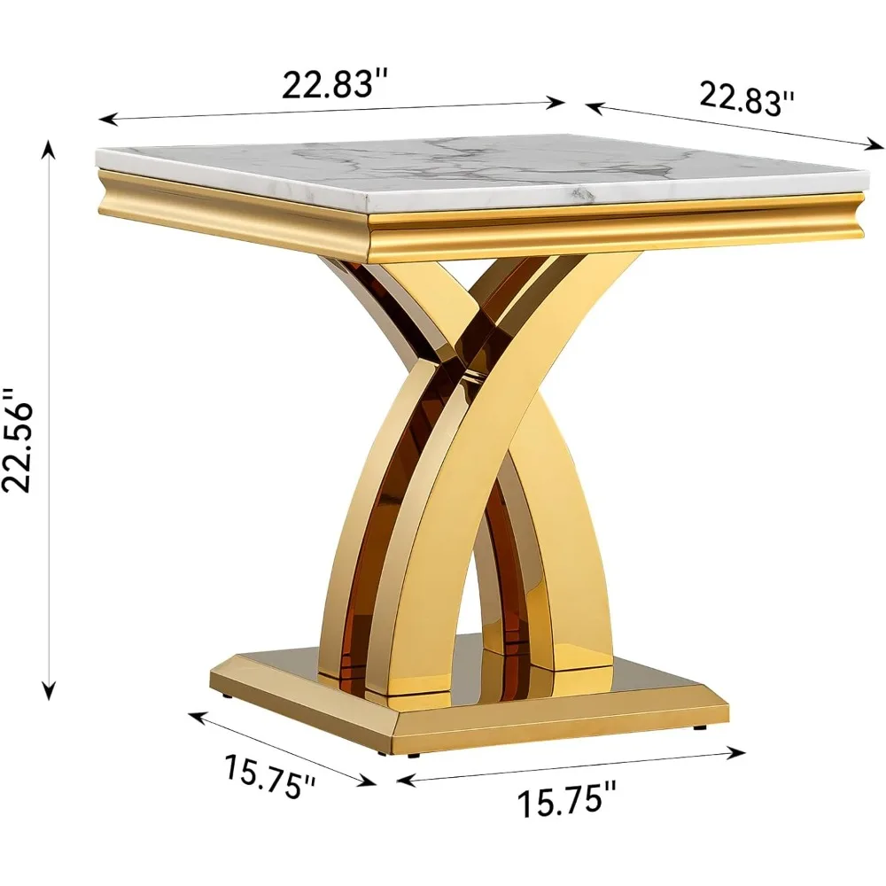 Square End Table,22.8" Modern White Faux Marble Side Table,Nightstand Bedside Table Small Accent Table with Gold Mirrored Finish 2