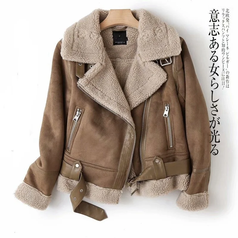 

Leather Jacket Women Winter New Lamb Wool Turn-down Fur Collar Long Sleeve PU Moto Zipper Warm Thick Coat Fur Leather Jacket