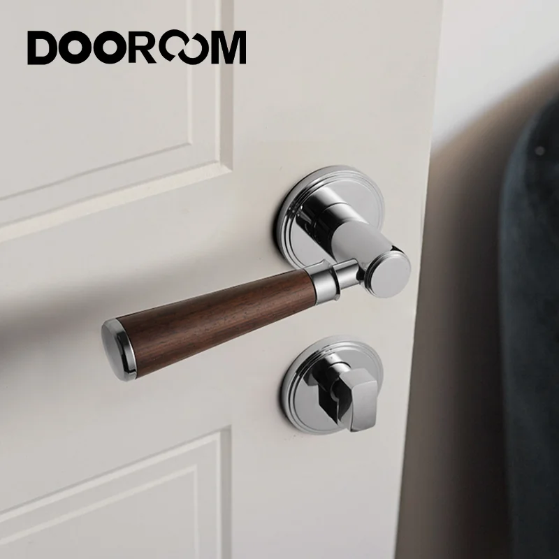 DOOROOM Brass Door Lock Set Modern Walnut Wood Simplicity Trapezoid Light Luxury Wooden Door Handles Furniture Bedroom Door Lock