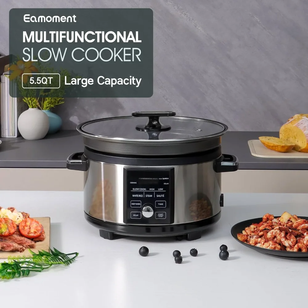 Slow Cooker 5.5QT Timer Non Stick Aluminum Alloy Liner Preset and Delay Function