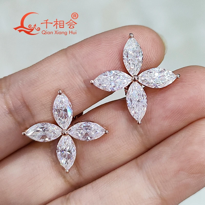 S925 silver 4.5*9mm marquise shape Four -leaf grass white moissanite stone ear stud Earing  jewelry gift datting women wedding tropikhome шторы для ванн полиэстер digital printed stone and grass 200х180