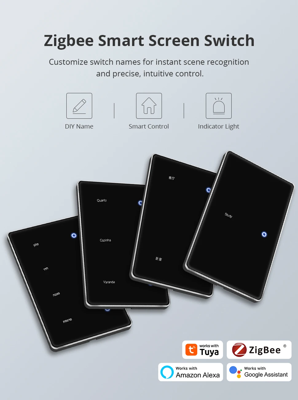 Zigbee DIY Name Switch with Display Screen US Black Touch Panel Light Switch Wor