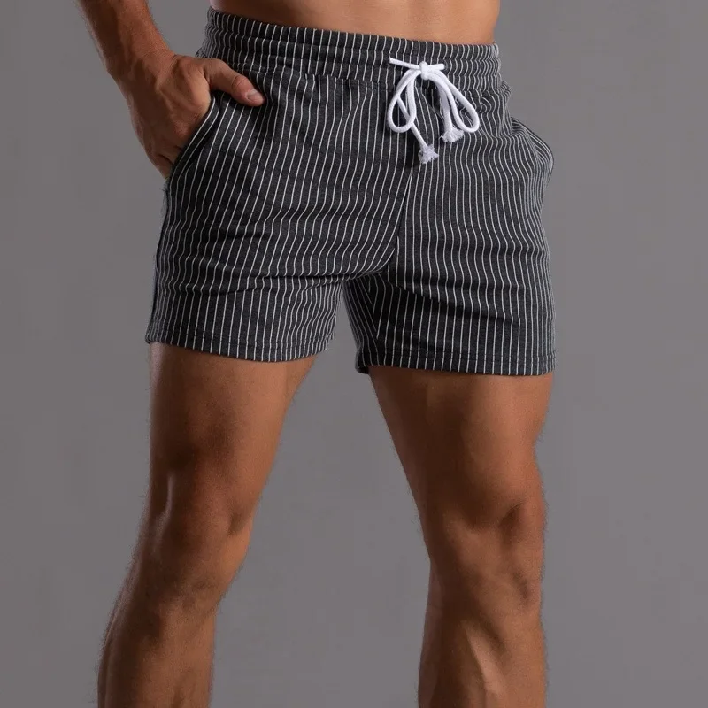 Men's Vertical Stripe Pure Cotton Shorts Sweatpants Casual Fitness Running Pants Military Green