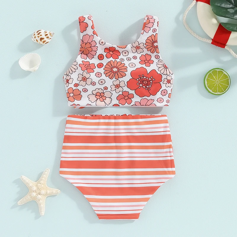 Kids Girl Two Piece Swimsuits Summer Striped/Floral Print Knotted Tankini and Elastic Shorts Set Bikini Bathing Suits