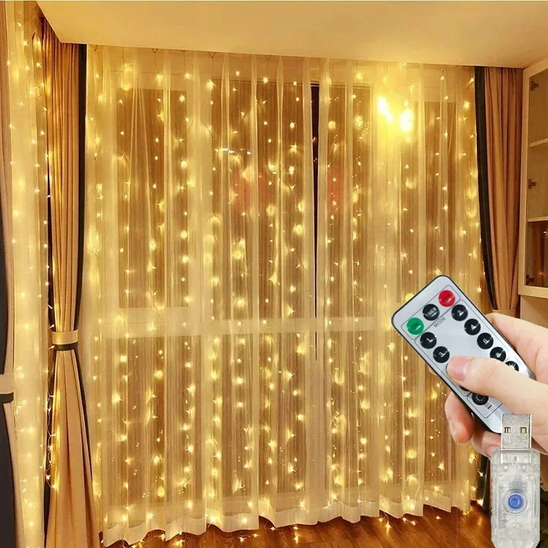 Description Picture 4 of itemLED Curtain String Lights Christmas Garland Decor Fairy Light 8 Modes USB Remote Control Holiday Wedding Party for Bedroom Home