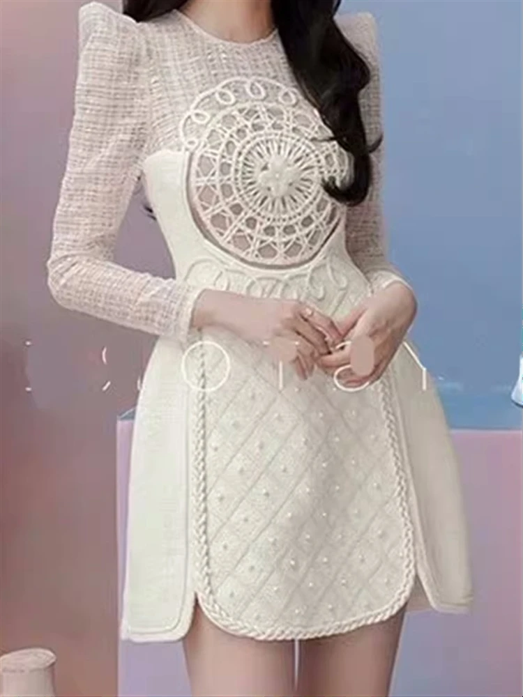

Runway Boho Luxury Long Sleeve Dresses Women Elegant High Waist Party Autumn Woman 2023 Lace Spring Dress Embroidery A-Line Robe