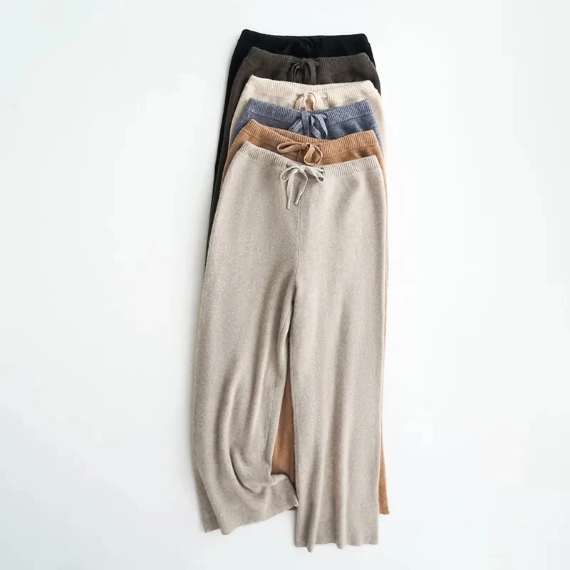 2023 new Winter Knitted Pants for Women Wide Leg High Waisted Trousers Casual Office Ladies Black White Thicken Warm Pants