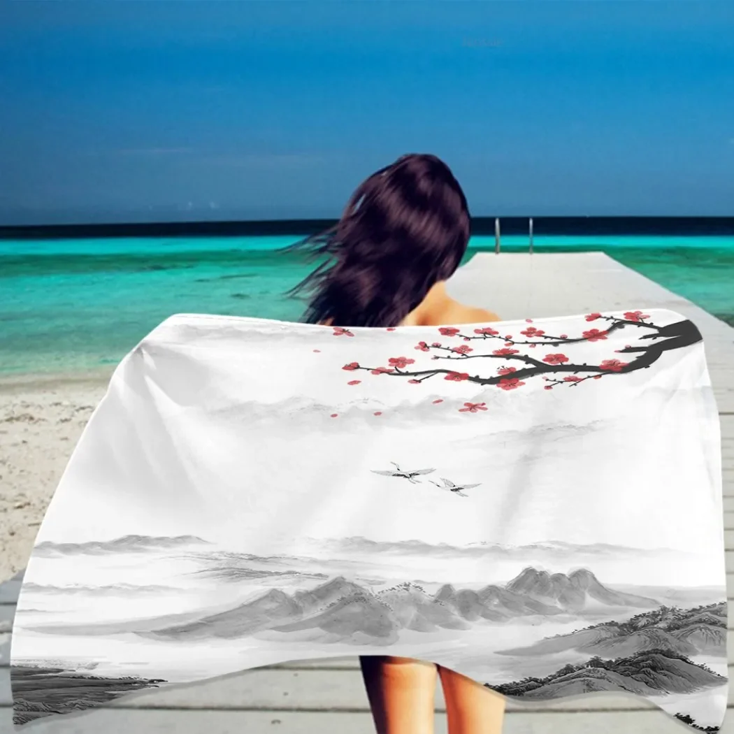 Plum Blossom Flower Beach Towel Microfiber Quick Dry Towel Ink Painting Summer Rectangular Absorbent Home Decor for Women