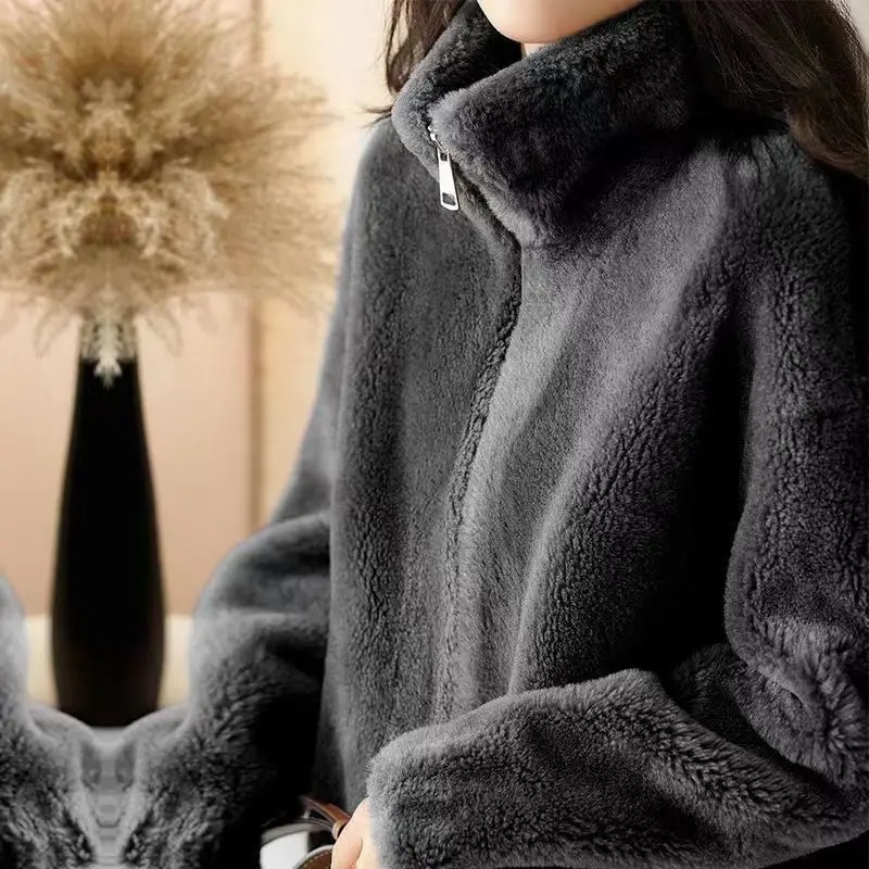 Women's Autumn Winter Solid Turtleneck Pockets Plush Lantern Long Sleeve Zipper Cardigan Coats Casual Office Lady Vintage Tops
