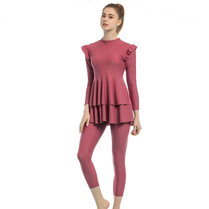 Two Piece Plus Size Pink Burkini Muslim Swimwear Swimsuit Baju Renang Women Full Coverage Modest Islamic Zipper Swimming Suit