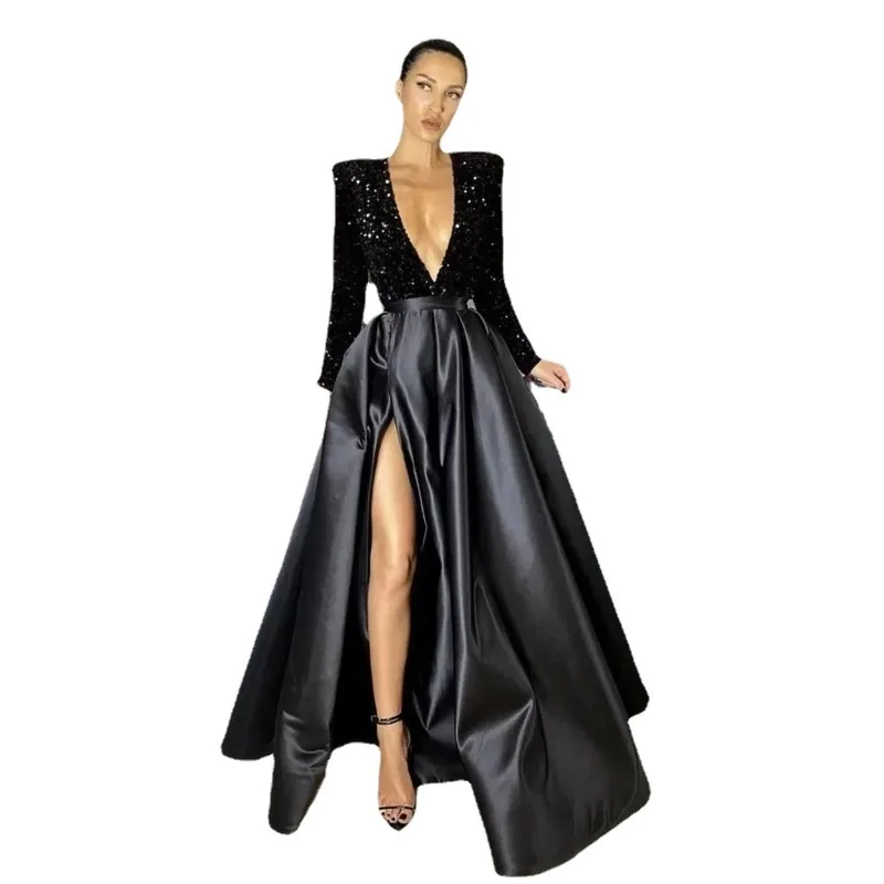 

V Neck Sequin Evening Dress Slit Long Sleeve Dresses 2024 Women Bodycon Cocktail Ladies Birthday Dresses Party Black Dresses