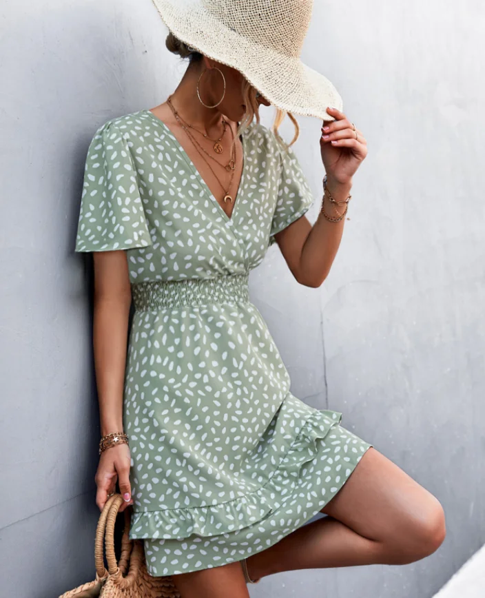 

2023 Summer Sexy V Neck Mini Dress For Women Fashion Floral Slim Short Dresses Female Lotus Leaf Sleeve Elegant Dress